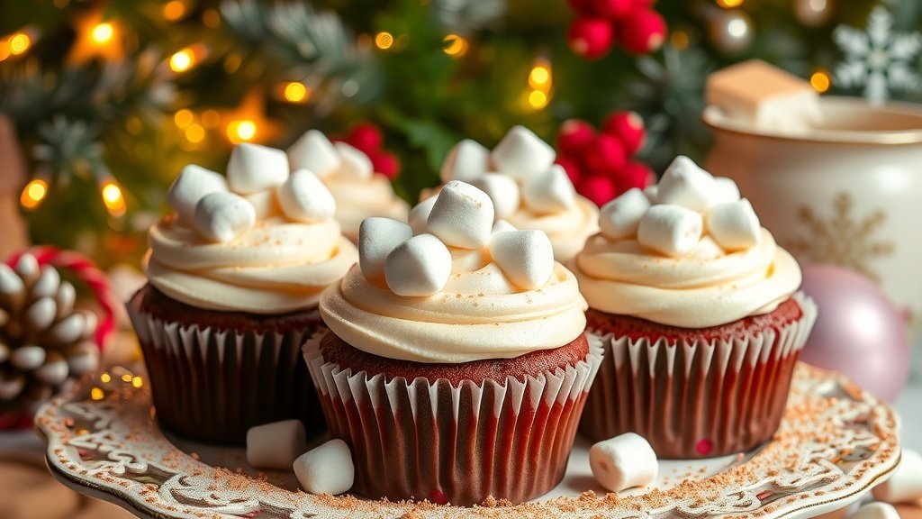 Hot cocoa cupcakes with marshmallow frosting and mini marshmallows, decorated for Christmas.