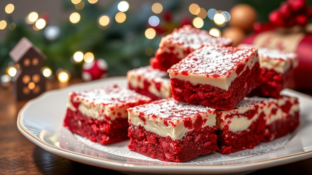 Red velvet cheesecake bars on a plate, garnished with powdered sugar, in a festive holiday setting.