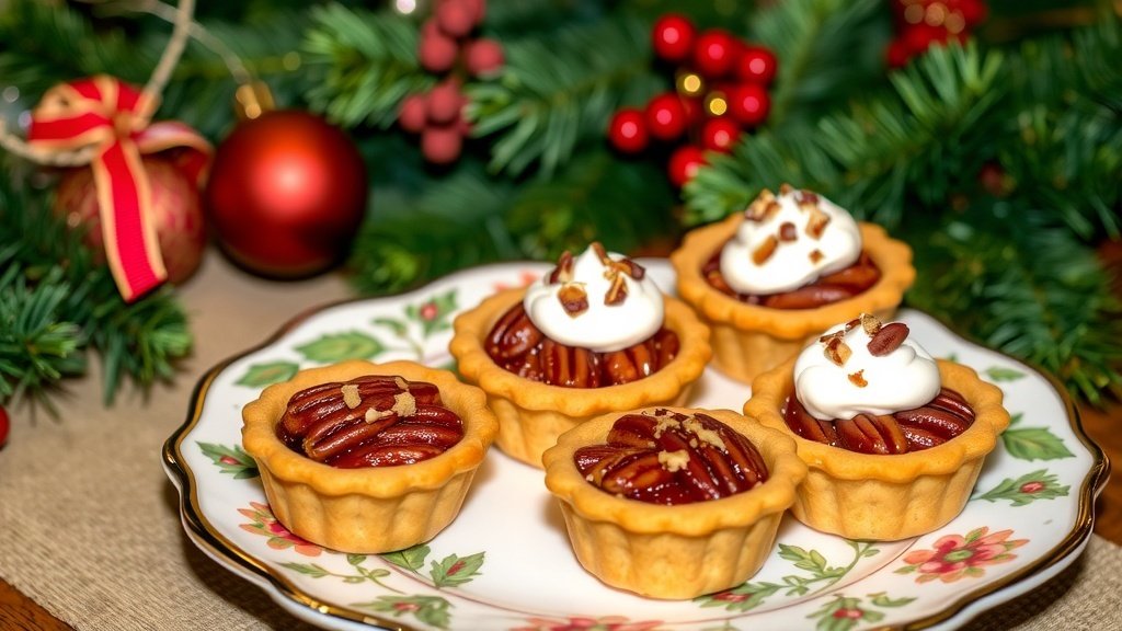 Mini pecan pie tartlets on a plate, garnished with whipped cream and pecans, surrounded by holiday decorations.