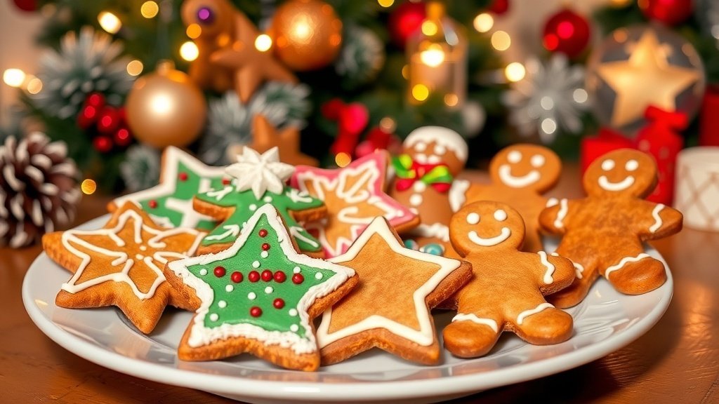 A festive plate of frosted gingerbread cookies shaped like stars and gingerbread men, decorated with colorful icing.