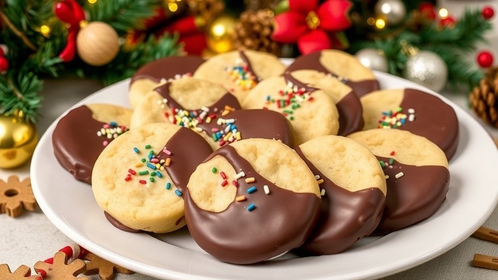 A festive plate of chocolate-dipped shortbread cookies with sprinkles, perfect for Christmas desserts.
