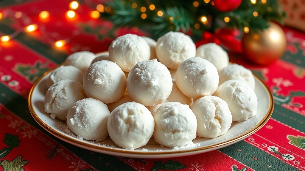 A festive plate of snowball cookies dusted with powdered sugar on a holiday table.