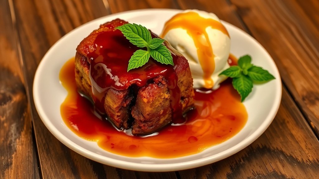 A plate of sticky toffee pudding with toffee sauce and ice cream on a rustic table.