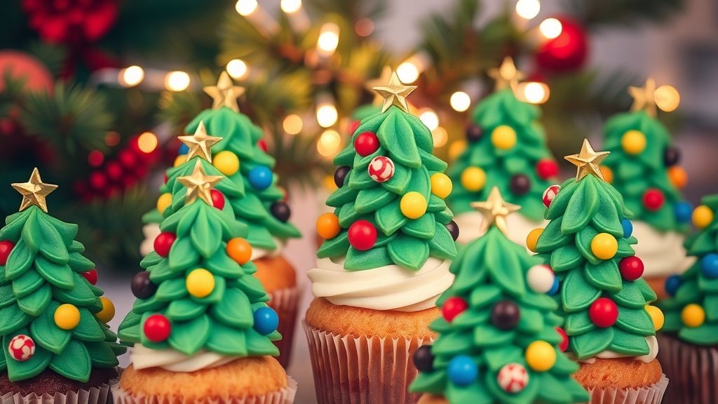 A collection of Christmas Tree Cupcakes with green frosting and candy decorations on a festive table.