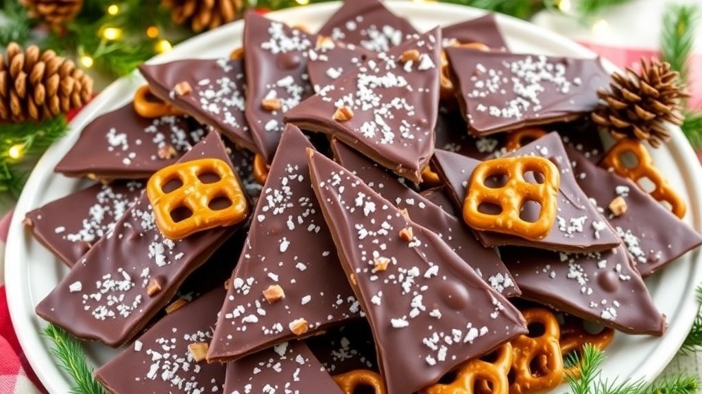 A festive display of Salted Caramel Pretzel Bark with chocolate and sea salt, decorated for Christmas.