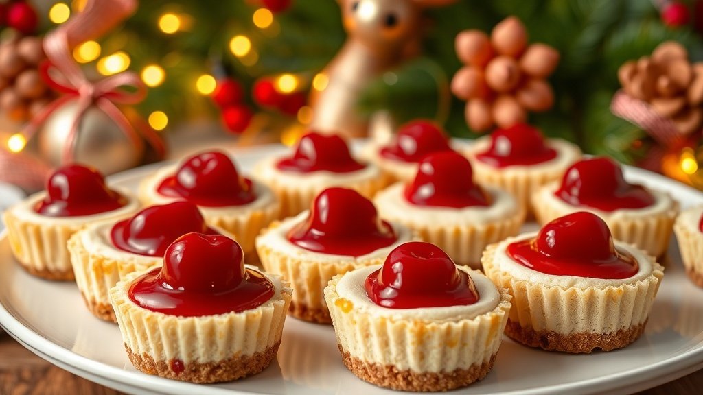 A festive display of mini cherry cheesecakes with graham cracker crust and cherry topping, perfect for holiday desserts.