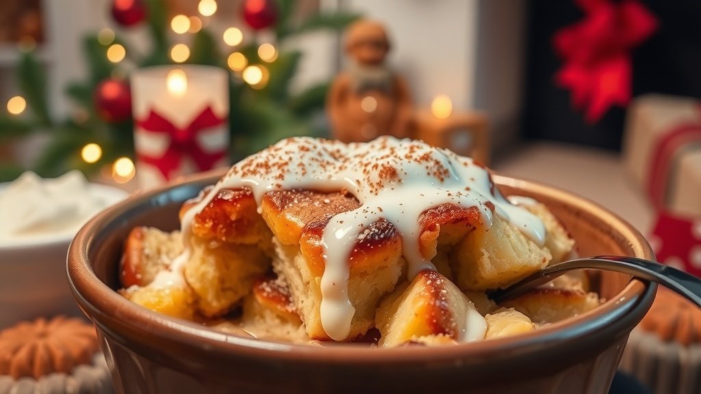 Warm cinnamon roll bread pudding with icing, served in a rustic bowl, garnished with cinnamon.