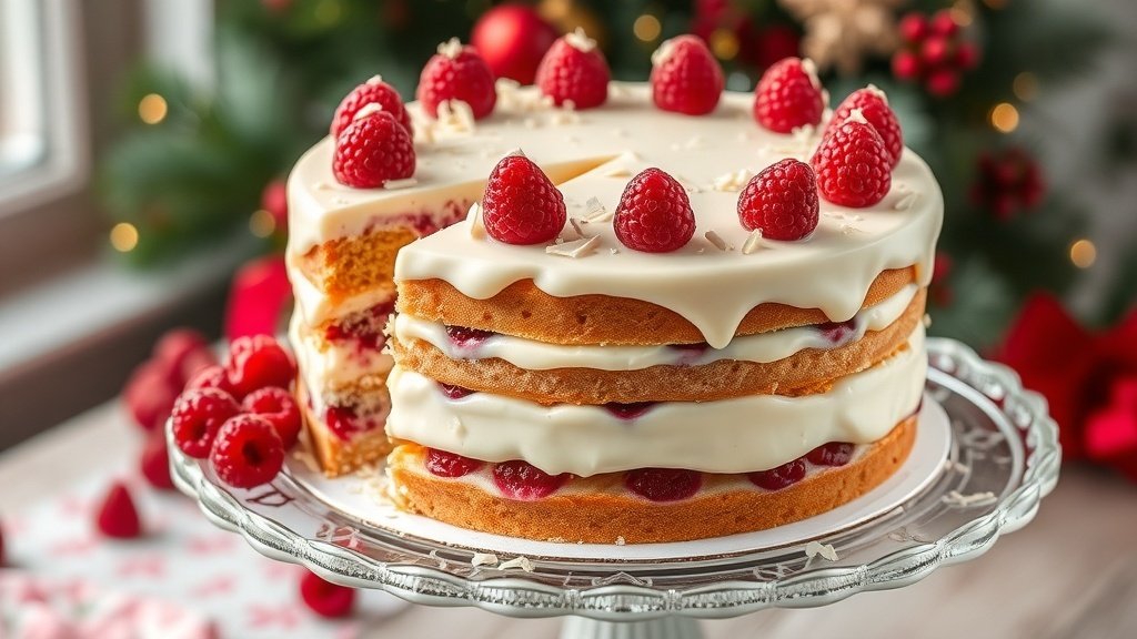 A beautiful white chocolate raspberry torte with layers of cake and raspberry filling, garnished with fresh raspberries and white chocolate shavings.