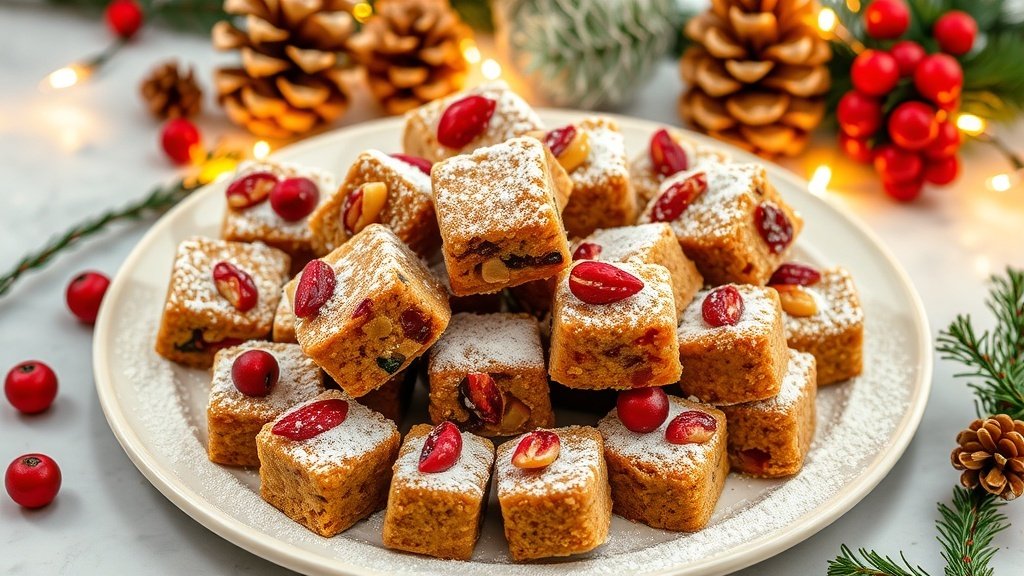 A plate of colorful fruitcake bites with dried fruits and nuts, dusted with powdered sugar, surrounded by holiday decorations.
