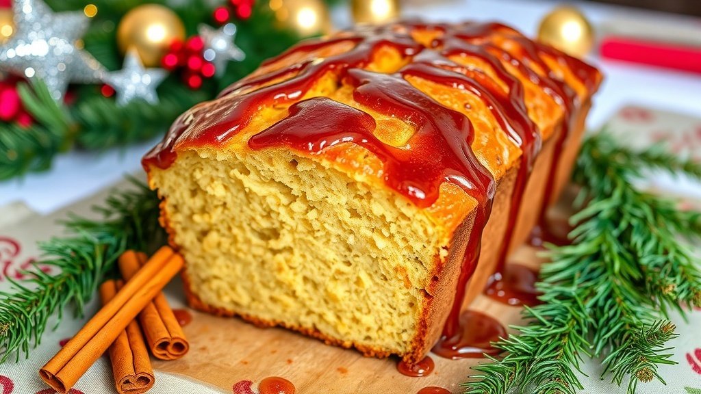 A loaf of Eggnog Bread with rum glaze on a festive table, decorated with holiday elements.