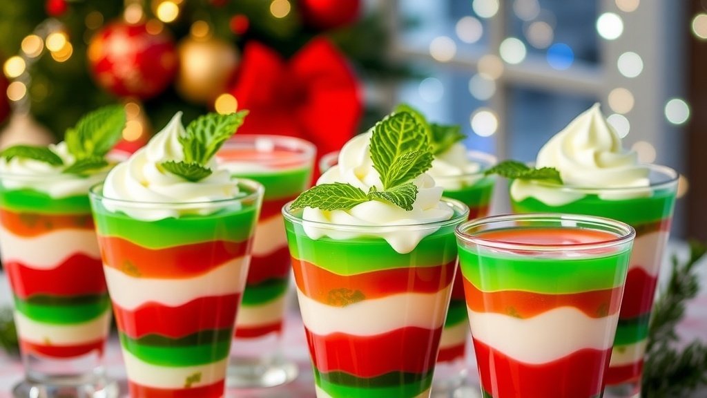 Colorful red and green jello parfaits in glasses, topped with whipped cream and mint, set against a festive holiday backdrop.