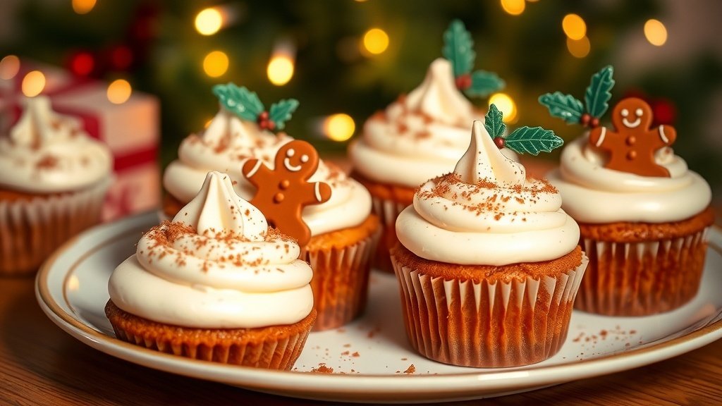 Gingerbread cupcakes with cream cheese frosting, decorated for Christmas, on a festive plate.