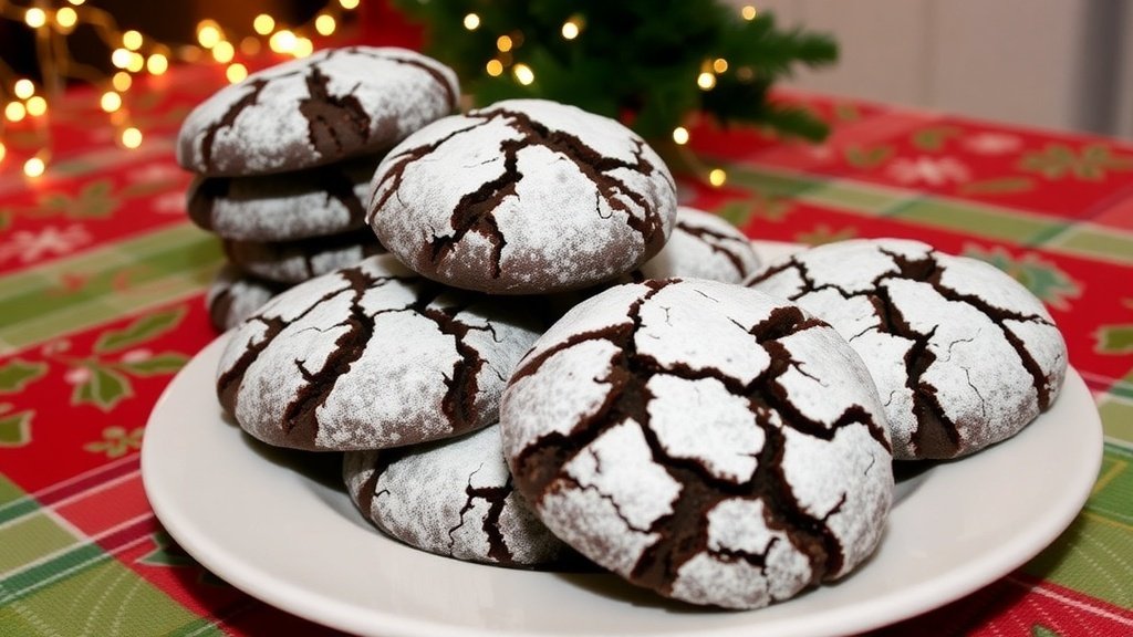 A festive plate of chocolate crinkle cookies dusted with powdered sugar, surrounded by Christmas decorations.