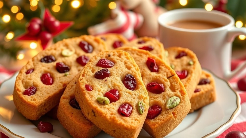 A festive plate of pistachio cranberry biscotti with cranberries and pistachios, set in a cozy holiday atmosphere.
