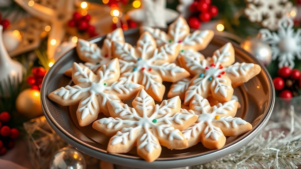 A plate of decorated snowflake sugar cookies with icing and sprinkles, perfect for Christmas.