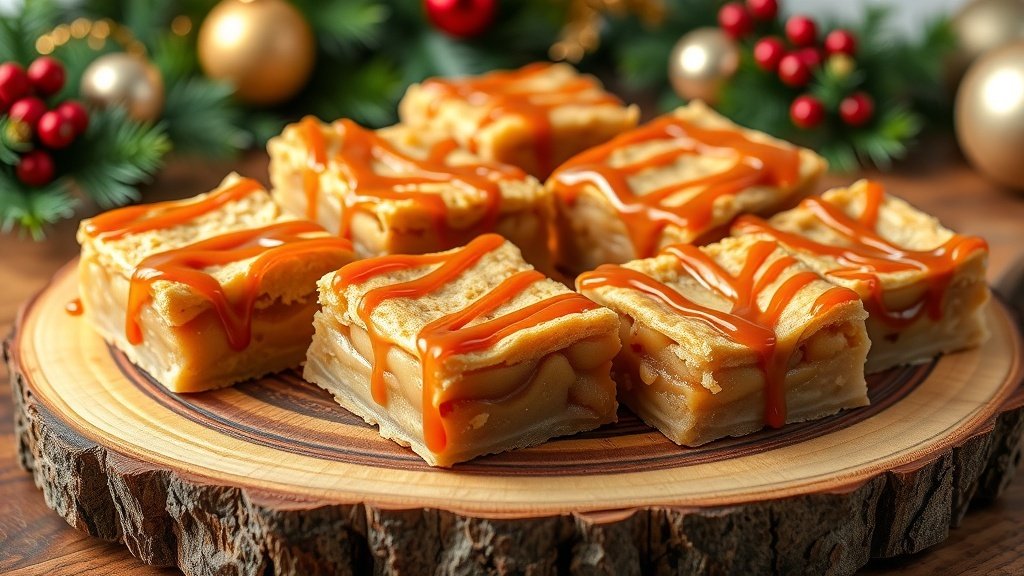 Caramel apple pie bars drizzled with caramel sauce on a wooden platter, decorated for Christmas.