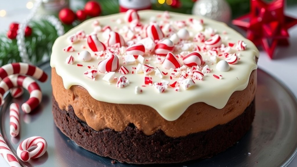 Chocolate Peppermint Bark Cheesecake topped with white chocolate and crushed peppermint candies, displayed on a festive table.