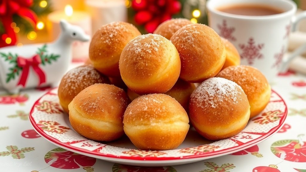 A festive plate of cinnamon sugar donut holes, dusted with sugar, surrounded by holiday decorations.