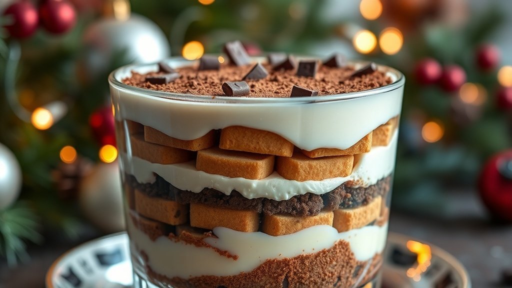 Layered tiramisu dessert with cocoa powder and chocolate shavings, presented in a glass dish, surrounded by holiday decorations.