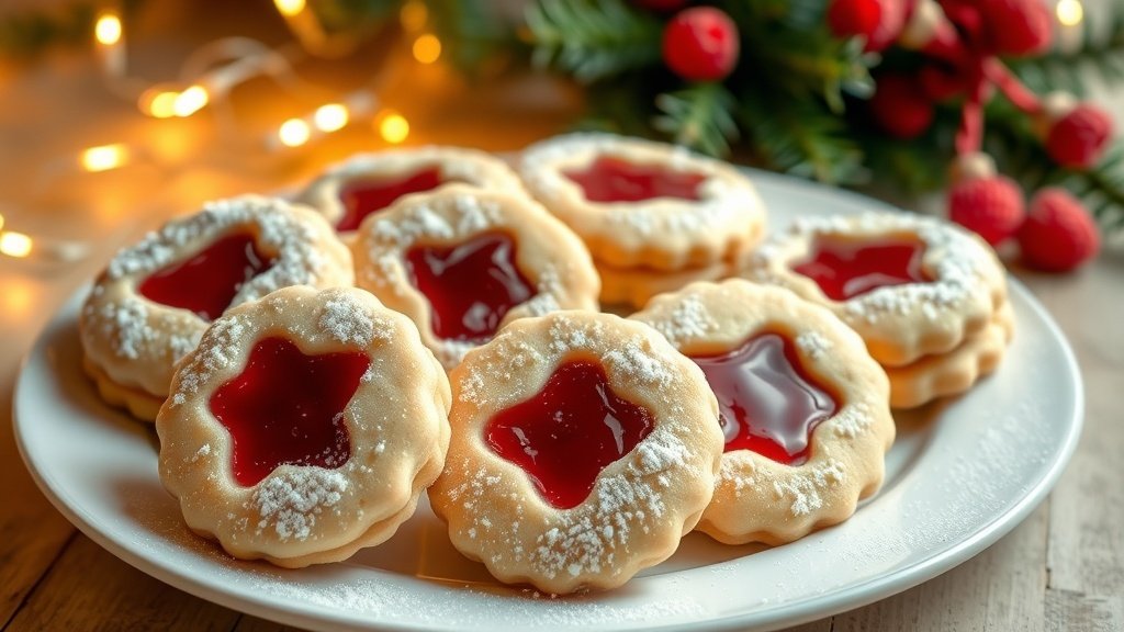 A festive plate of Raspberry Linzer Cookies dusted with powdered sugar, filled with raspberry jam, set against a holiday backdrop.