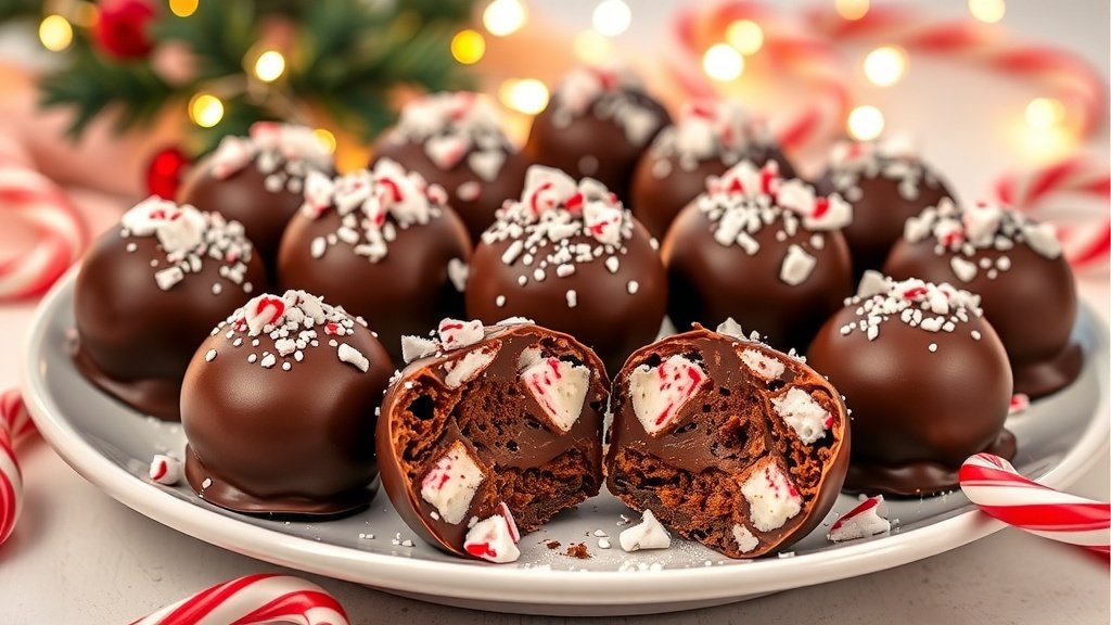 A plate of Candy Cane Chocolate Truffles garnished with crushed candy canes, set in a festive holiday scene.
