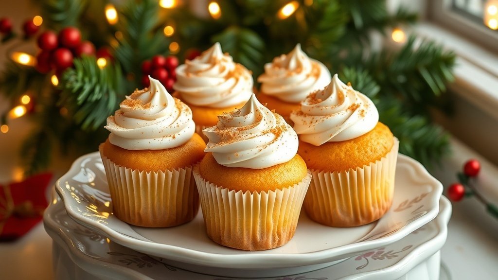 Eggnog cupcakes with creamy frosting and nutmeg garnish on a festive plate surrounded by holiday decorations.