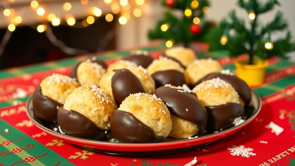 Chocolate-dipped coconut macaroons on a festive table with holiday decorations.