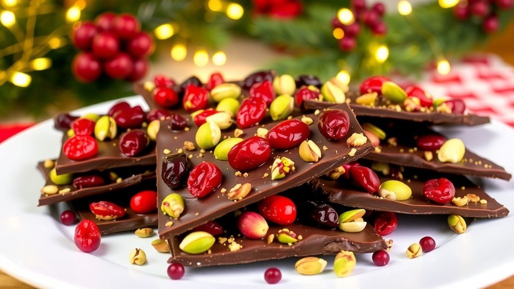 Cranberry Pistachio Bark pieces on a festive plate with cranberries and pistachios, set in a holiday-themed background.