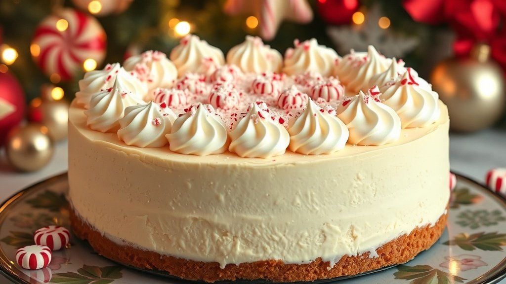 A festive white chocolate peppermint cheesecake with whipped cream and crushed peppermint on a decorative plate.