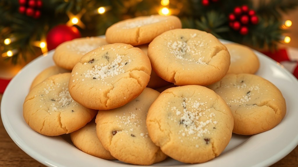 A plate of golden brown sugar cookies with a sprinkle of sugar, set against a festive Christmas backdrop.