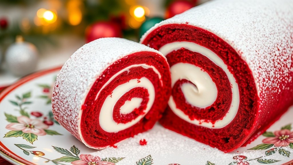 A sliced red velvet cake roll with cream cheese frosting, showcasing its vibrant color, on a decorative plate.
