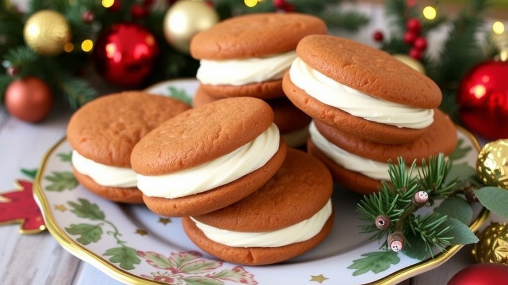 Gingerbread whoopie pies with cream cheese filling on a festive plate, surrounded by holiday decorations.