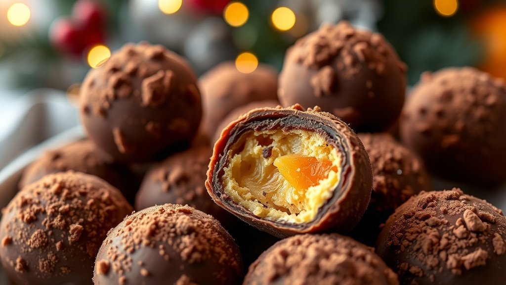 Chocolate orange truffles coated in cocoa powder, with a festive background.