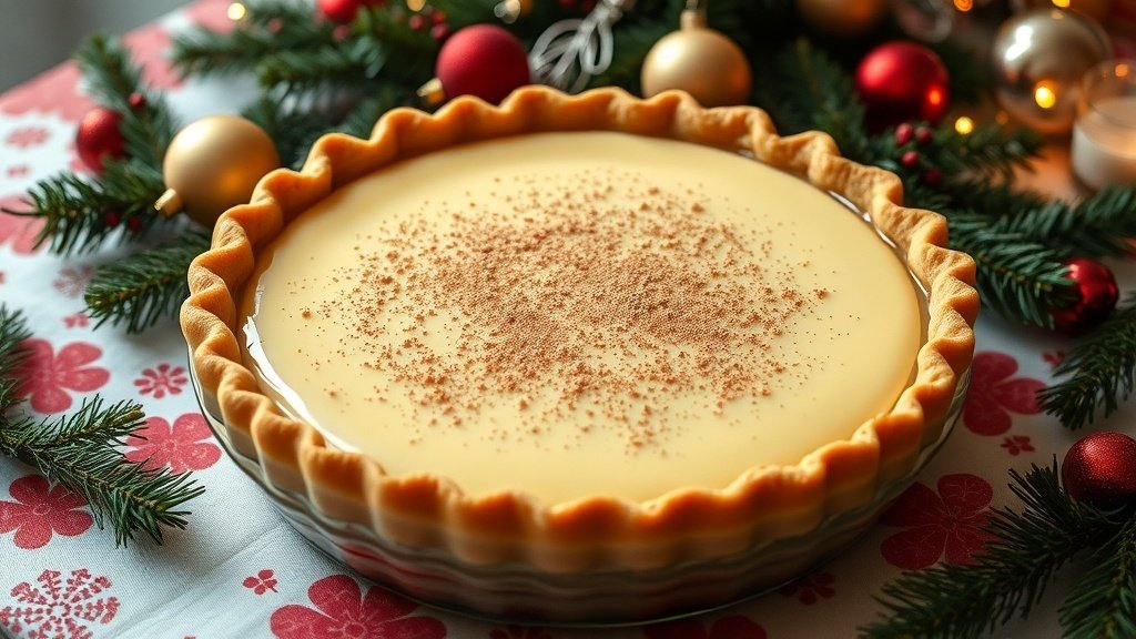 Eggnog Custard Pie with a golden crust and creamy filling, decorated with nutmeg, on a festive holiday table.