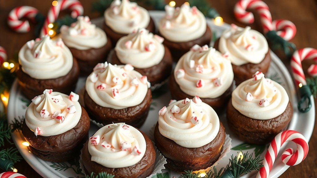 A plate of peppermint brownie bites topped with frosting and crushed candy canes, set against a holiday backdrop.