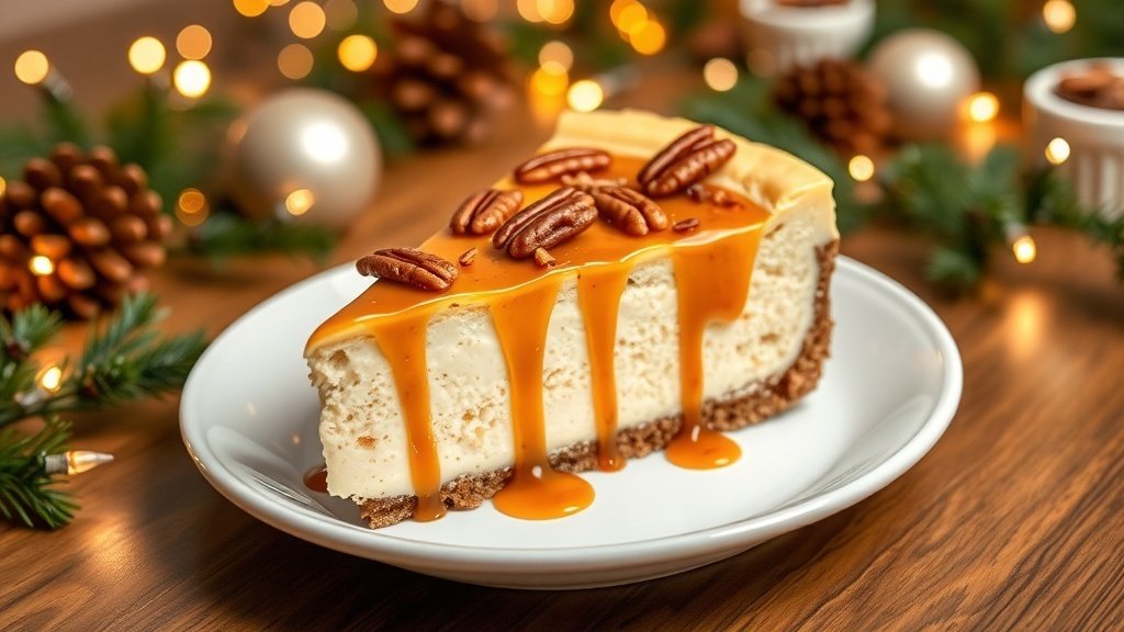 A slice of caramel pecan cheesecake with caramel drizzle and pecans on a festive table.