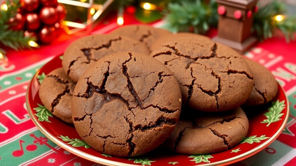 A plate of chewy ginger molasses cookies, decorated with holiday-themed elements.