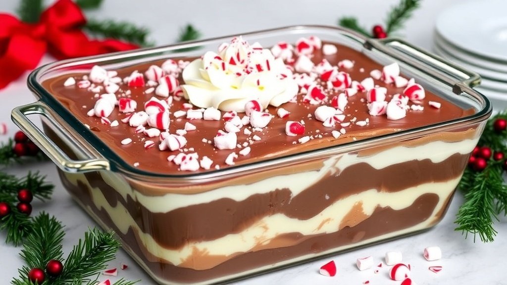 A layered Chocolate Peppermint Lasagna with chocolate pudding, cream cheese, and peppermint, garnished with whipped topping and crushed candies.
