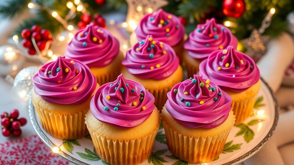 Festive sugar plum cupcakes with plum frosting and sprinkles on a decorative platter.