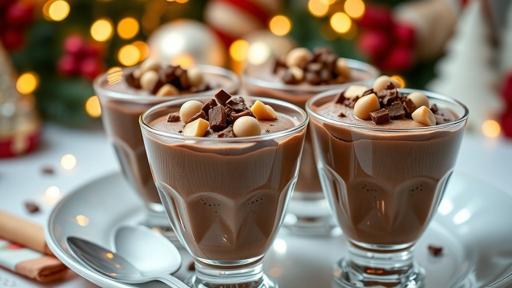 Elegant hazelnut chocolate mousse cups topped with hazelnuts and chocolate shavings on a festive table.