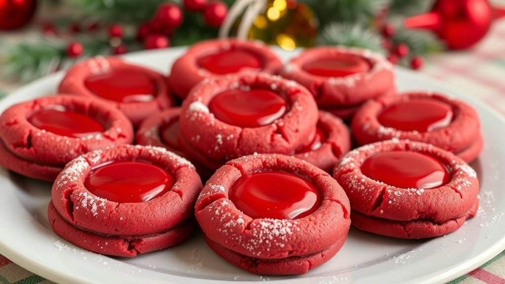 A festive plate of red velvet thumbprint cookies with cream cheese frosting, decorated for the holidays.