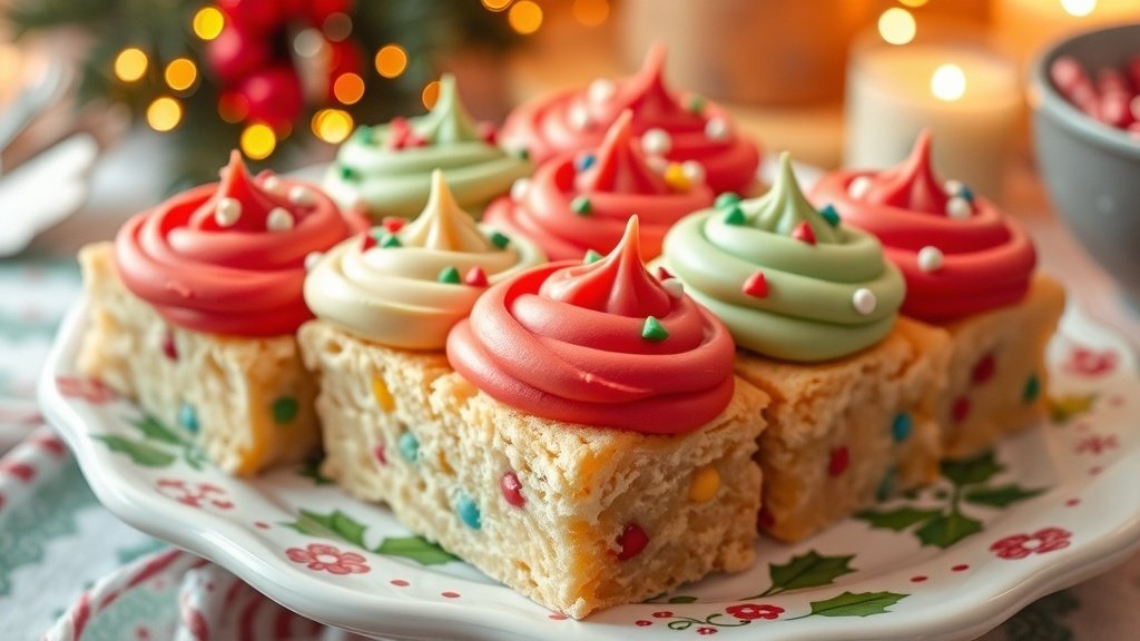 Frosted sugar cookie bars with colorful frosting and sprinkles on a festive platter.