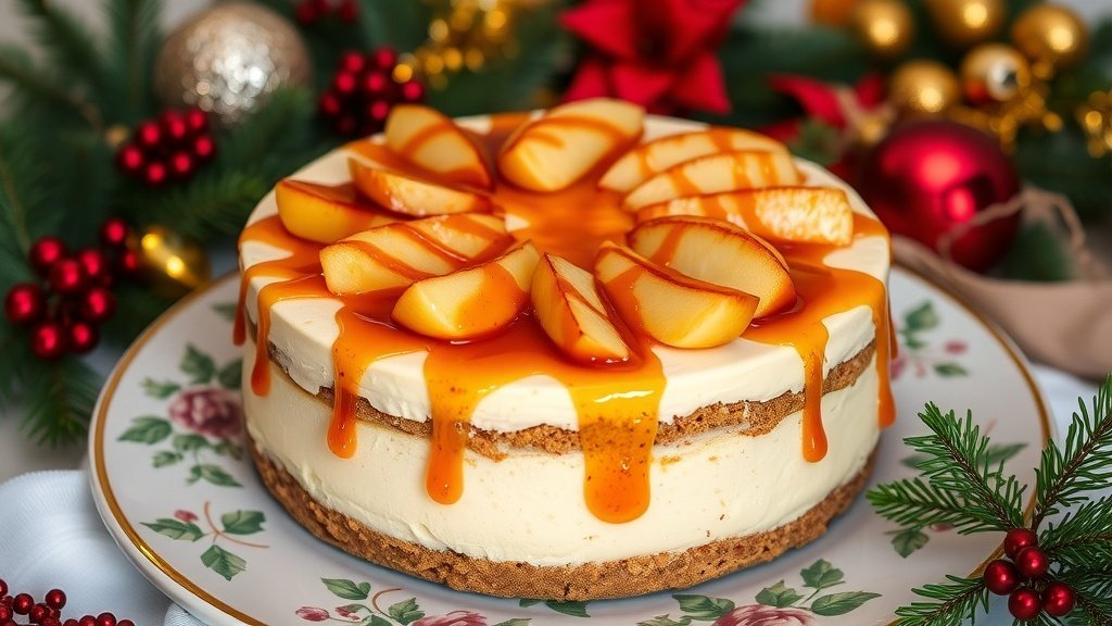 Caramel apple cheesecake topped with caramelized apples and caramel sauce on a festive plate.