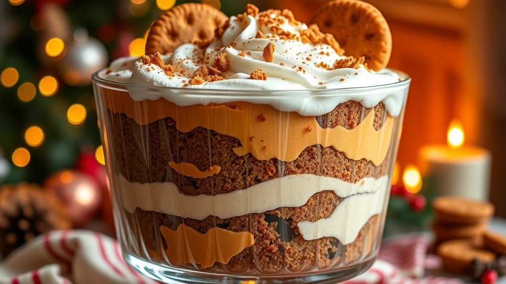 A beautiful pumpkin gingerbread trifle with layers of gingerbread, pumpkin cream, and whipped cream, garnished with cookies.