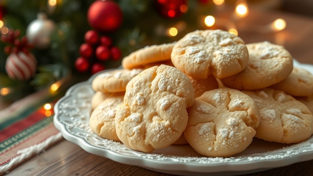 A festive plate of vanilla bean shortbread cookies dusted with powdered sugar, surrounded by Christmas decorations.