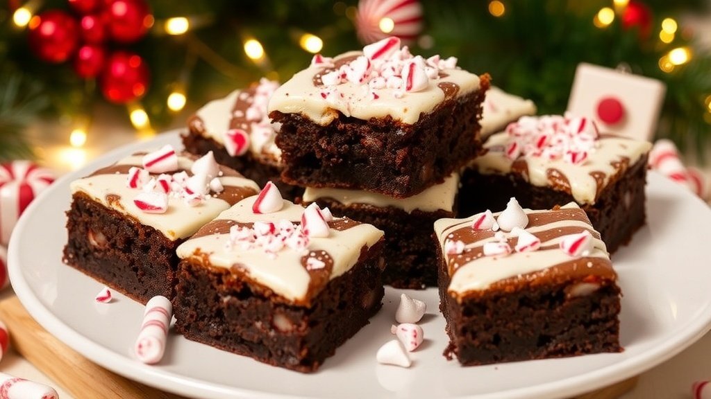 Peppermint mocha brownies with frosting and crushed peppermint candies on a festive plate.