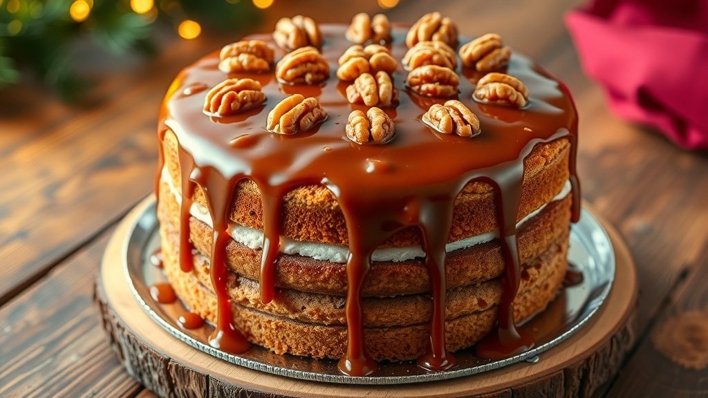 Maple Walnut Cake with a maple glaze and toasted walnuts on top, displayed on a rustic wooden table.