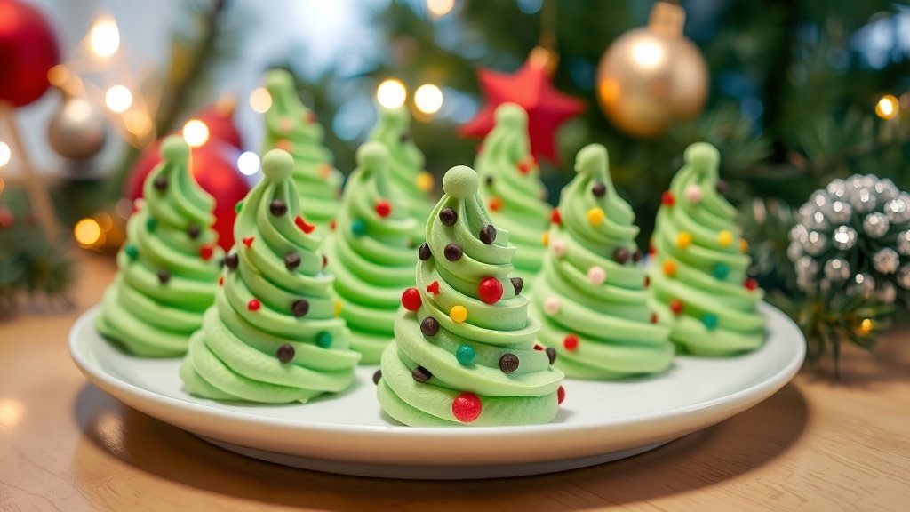 A plate of decorated green meringue Christmas trees with sprinkles and chocolate chips, set against a festive holiday backdrop.