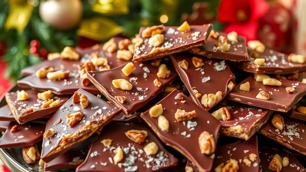 A colorful display of chocolate toffee bark with nuts on a festive platter, ideal for Christmas desserts.