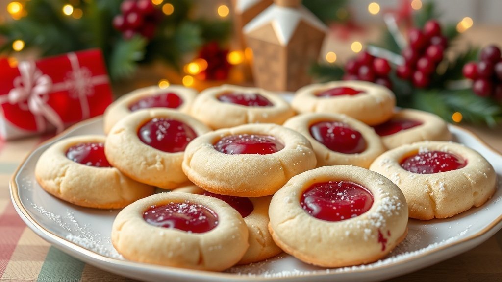 A plate of Raspberry Thumbprint Cookies with raspberry jam filling, dusted with powdered sugar, on a festive table.